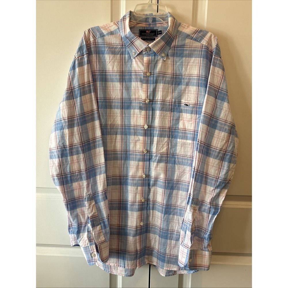 Vineyard Vines XL Slim Fit Tucker Shirt 100% Cotton Pink Blue Plaid Button Front